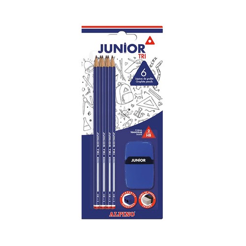Set 6 lápices de grafito Junior tri + goma + dúo sacapuntas, ALPINO.