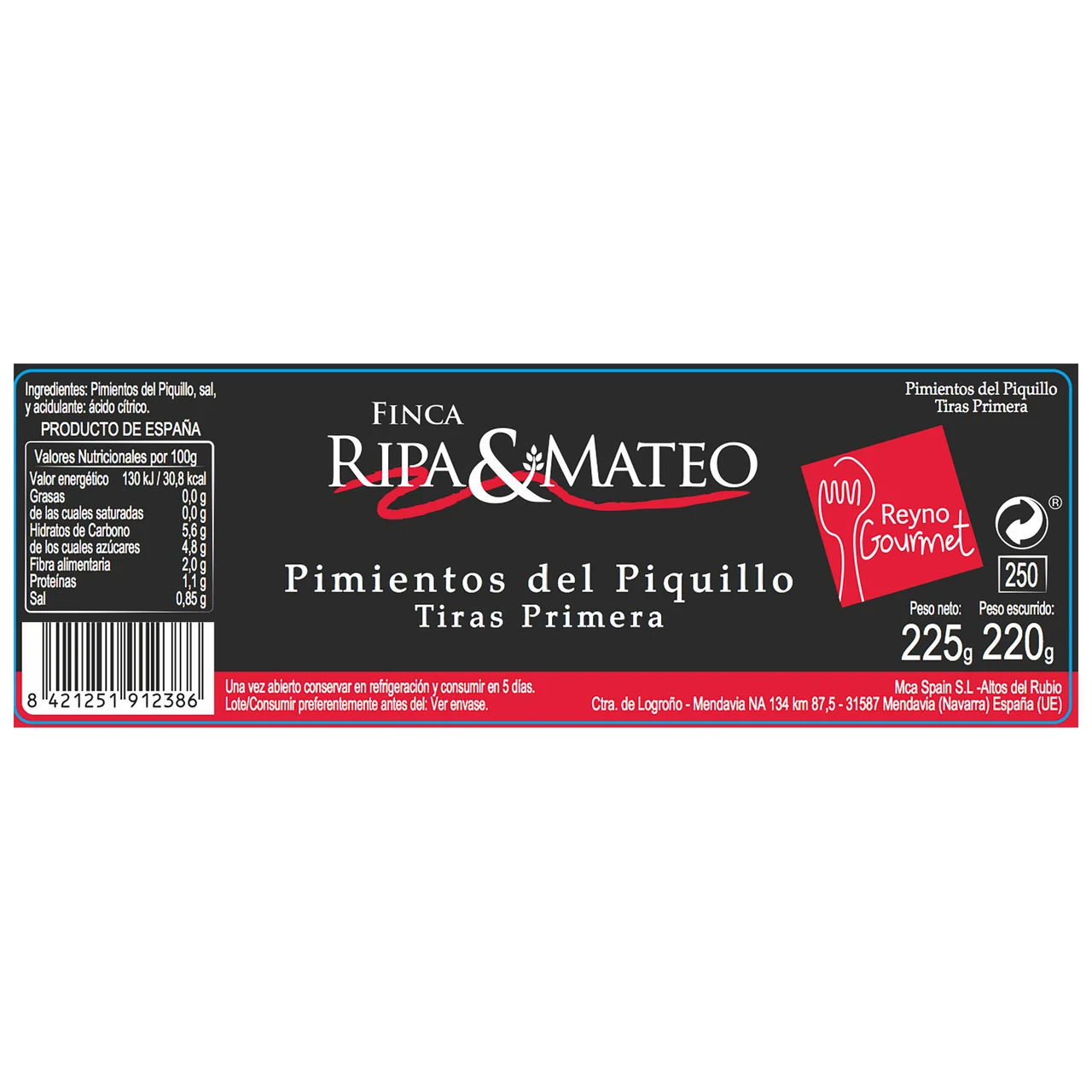 FINCA RIPA & MATEO Pimientos del Piquillo en tiras frasco de 210 g.