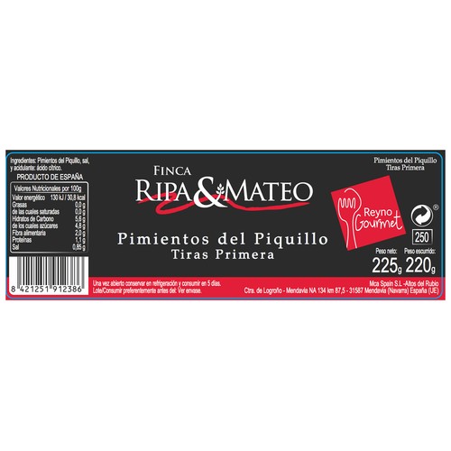 FINCA RIPA & MATEO Pimientos del Piquillo en tiras frasco de 210 g.