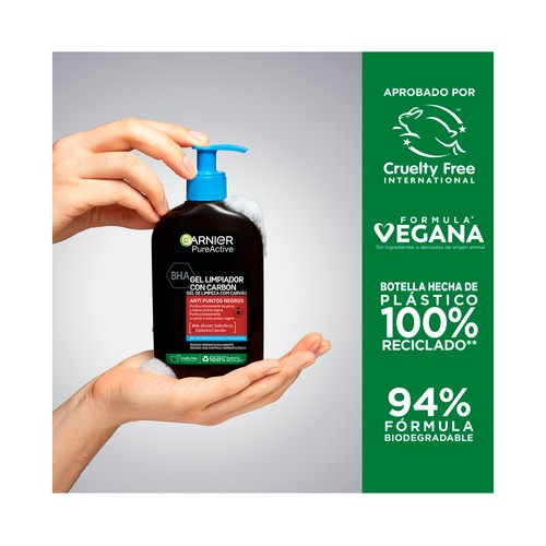 GARNIER Pure active Gel limpiador con carbón para pieles con tendencia acneica y puntos negros 250 ml.