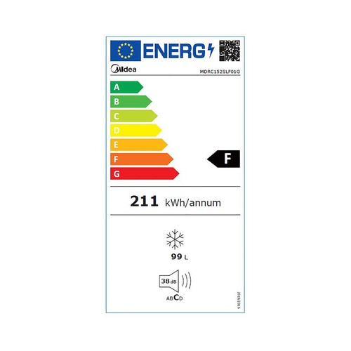 Arcón congelador MIDEA MDRC152LF01G, clasificación energética: F, H:85cm, A: 54,5cm, F: 49,5cm, capacidad total: 99L.