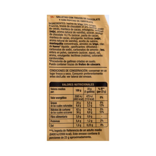 PRODUCTO ALCAMPO Galletas (cookies grandes) con maxi pepitas de chocolate 184 g.