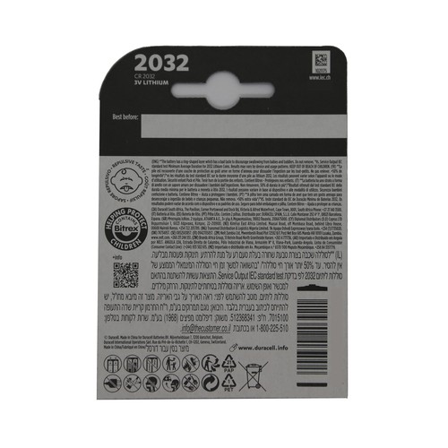 Pack de 4 pilas de botón de litio CR2032, 3V, DURACELL.