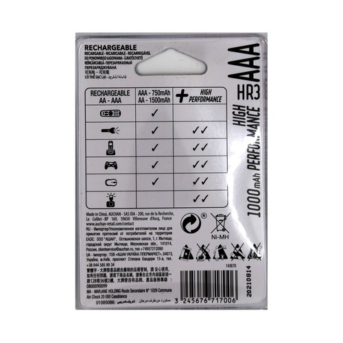 Pack de 2 pilas recargables AAA, Ni-MH, HR03, PRODUCTO ALCAMPO, 1000 mAh.
