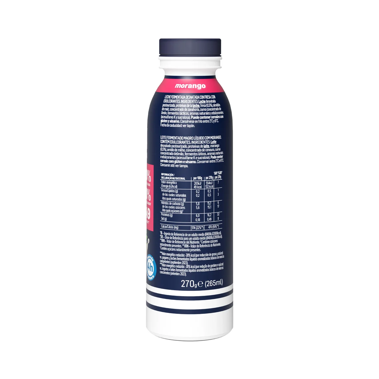 + Proteína Leche fermentada desnatada con fresa y edulcorantes, rica en proteinas 265 ml.