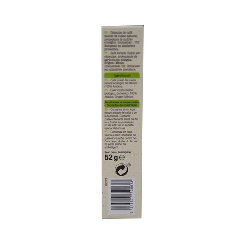 PRODUCTO ALCAMPO Café en cápsulas espresso México ecológico, l7, PRODUCTO ALCAMPO 10 uds 52 g.