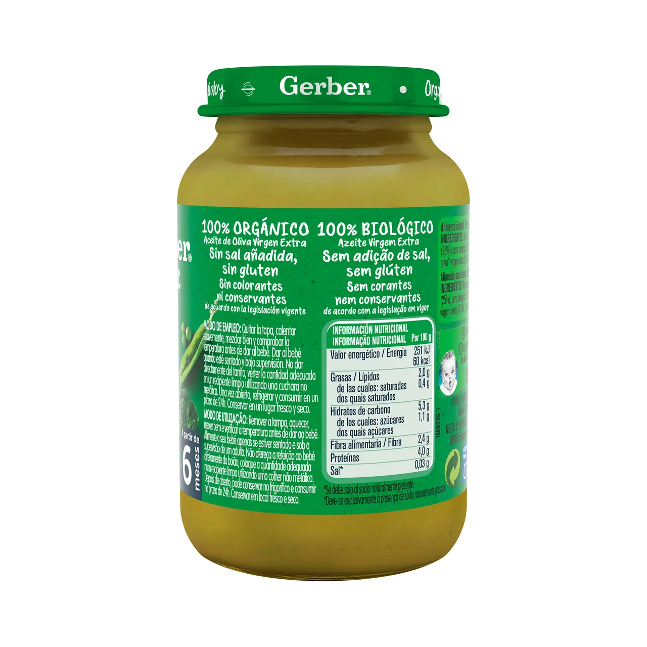 Organic Tarrito de de brocolí y guisantes con pavo, a partir de 6 meses 190 g.