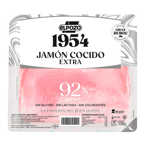 Jamón cocido de categoria extra, sin lactosa, ni colorantes, ni gluten y cortado en lonchas EL POZO Edición 1954 150 g.