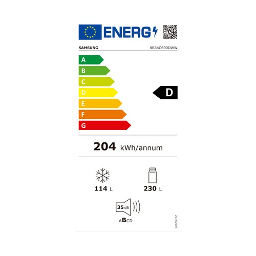 Frigorífico combi 185cm SAMSUNG RB34C600DWW NO FROST, clasificación energética: D, H: 185cm, A: 59,4cm, F: 65,8cm, capacidad total: 344L.