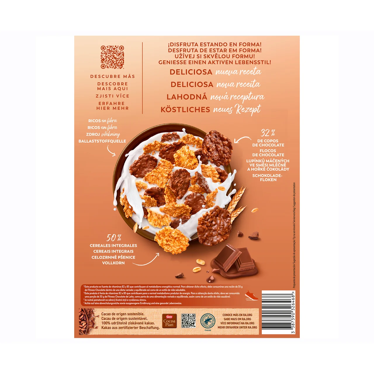 Fitness Copos de trigo integral, arroz y avena integral tostados, recubierto de chocolate con leche 375 g.