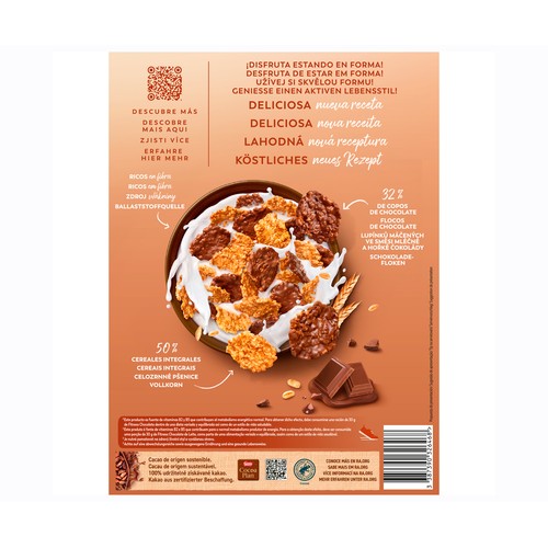 NESTLÉ Fitness Copos de trigo integral, arroz y avena integral tostados, recubierto de chocolate con leche 375 g.