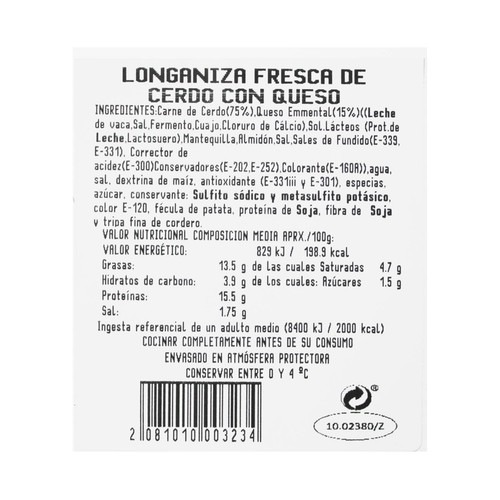 Bandeja con longanizas frescas de cerdo con queso, elaboradas sin gluten MONTFOIX