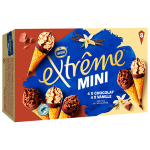 EXTRÈME Mini conos de helado de vainilla (4) y chocolate (4) con sirope y trocitos de almendras EXTRÉME de Nestlé 8 x 60 ml.