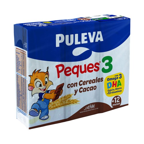 PULEVA Peques 3 Leche de crecimiento con cereales y cacao, de 12 a 36 meses 3 x 200 ml.