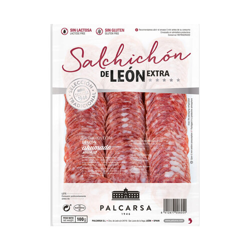 PALCARSA Salchichón de León extra, ahumado y cortado en lonchas PALCARSA 100 g.