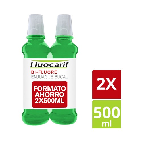 FLUOCARIL Enjuague bucal bi-flúor, sin alcohol y con sabor a menta FLUOCARIL 2x500 ml.