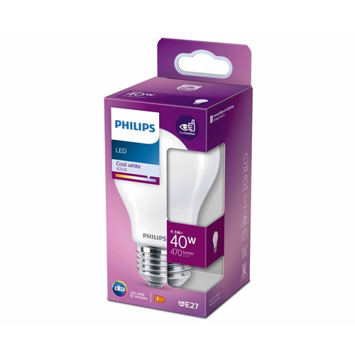 Bombilla Led E27, 4,5W=40W, luz neutra 4000K, 470lm, PHILIPS.