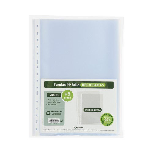 20+5 Fundas recicladas para folios, multiperforadas, polipropileno, GRAFOPLAS.