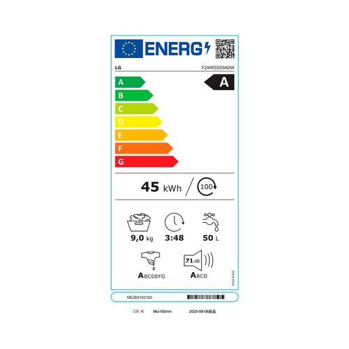 Lavadora LG F2WR5S09A0W 9KG, clasificación energética: A, 1200RPM,H: 85cm, A: 60cm, F: 47,5cm.