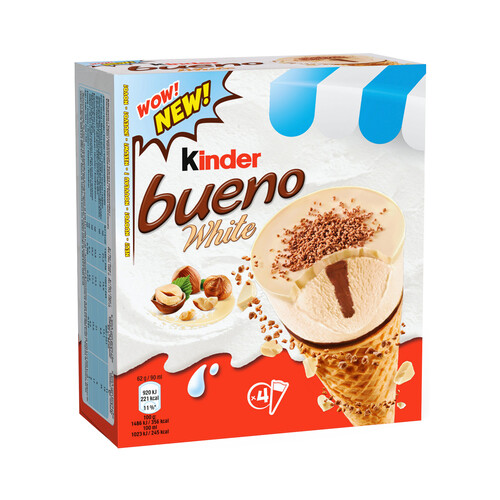KINDER Conos de helado de avellana con disco de virutas de chocolate blanco y avellanas KINDER Bueno white 4 x 90 ml.