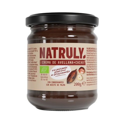 NATRULLY Crema de avellana y cacao ecológicos, sin azúcares añadidos ni edulcorantes 200 g.