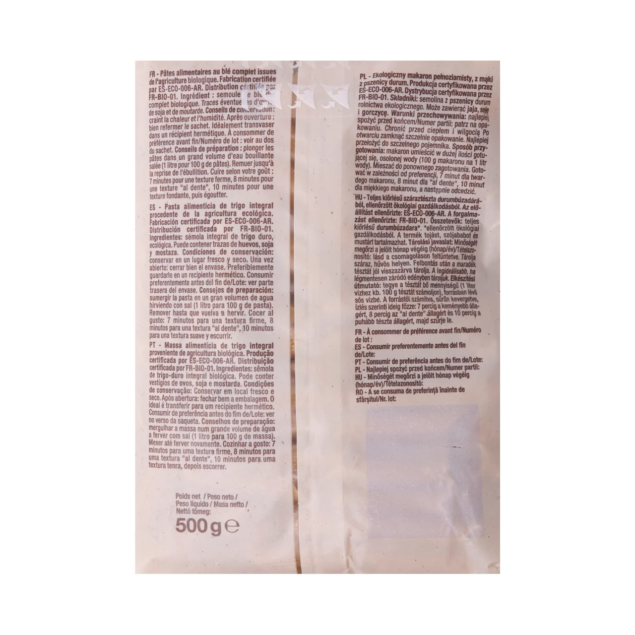 PRODUCTO ALCAMPO Bio Penne rigate (macarrones) de trigo integral ecológico 500 g.