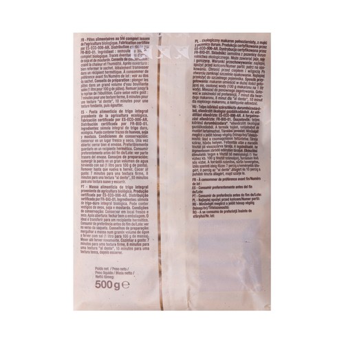 PRODUCTO ALCAMPO Bio Penne rigate (macarrones) de trigo integral ecológico 500 g.