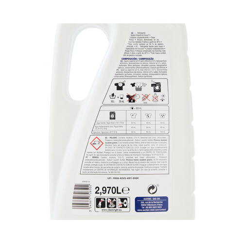 PRODUCTO ALCAMPO Detergente líquido fresco y limpio 55 lav. 3 l.