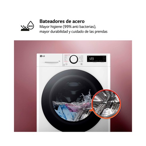 Lavadora LG F2WR5S09A0W 9KG, clasificación energética: A, 1200RPM,H: 85cm, A: 60cm, F: 47,5cm.