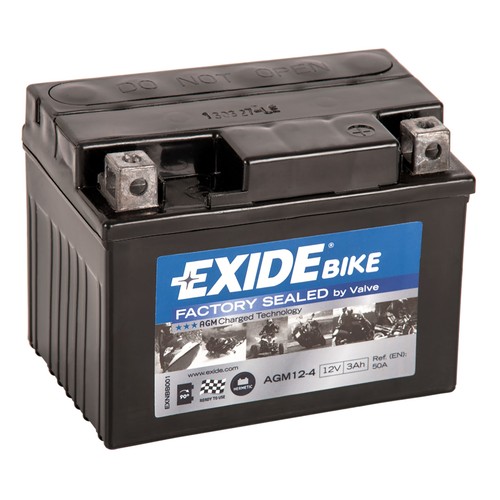 Batería para moto 3Ah, arranque 50A, 12V, L: 11,3cm, A: 7cm, H: 8,5cm, EXIDE Bike AGM Factory Sealed.