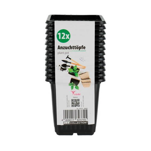 Pack de 12 tiestos de cultivo de PVC, dimensiones 7.5 x 7.5 x 8 cm, color negro, SCHUM