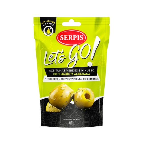 SERPIS Let´s go! Aceitunas verdes sin hueso ni líquido, con limón y albahaca 70 g.