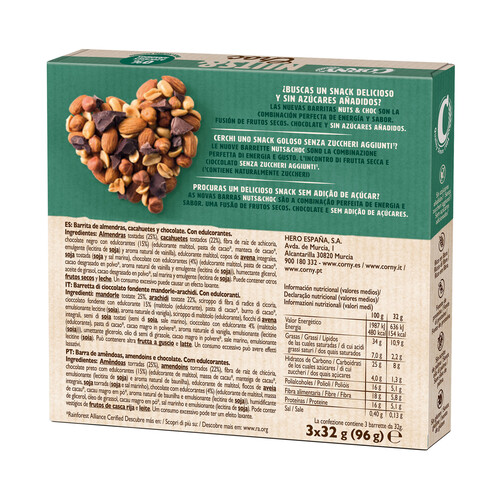 CORNY Nuts & choc Barrita de cereales sin azúcares añadidos, con almendras y chocolate negro 3 x 32 g. 