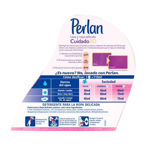 PERLAN Cuidado 3D Detergente gel para lana y ropa delicada 1,25 l