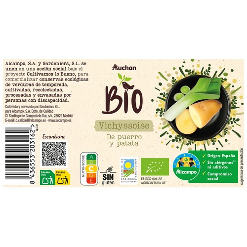 ALCAMPO CULTIVAMOS LO BUENO Bio Crema Vichyssoise de puerro y patata ecológicas 500 ml.