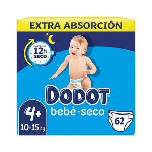 DODOT Pañales talla 4, para niños de 10 a 15 kilogramos DODOT Bebé-seco 62 uds.