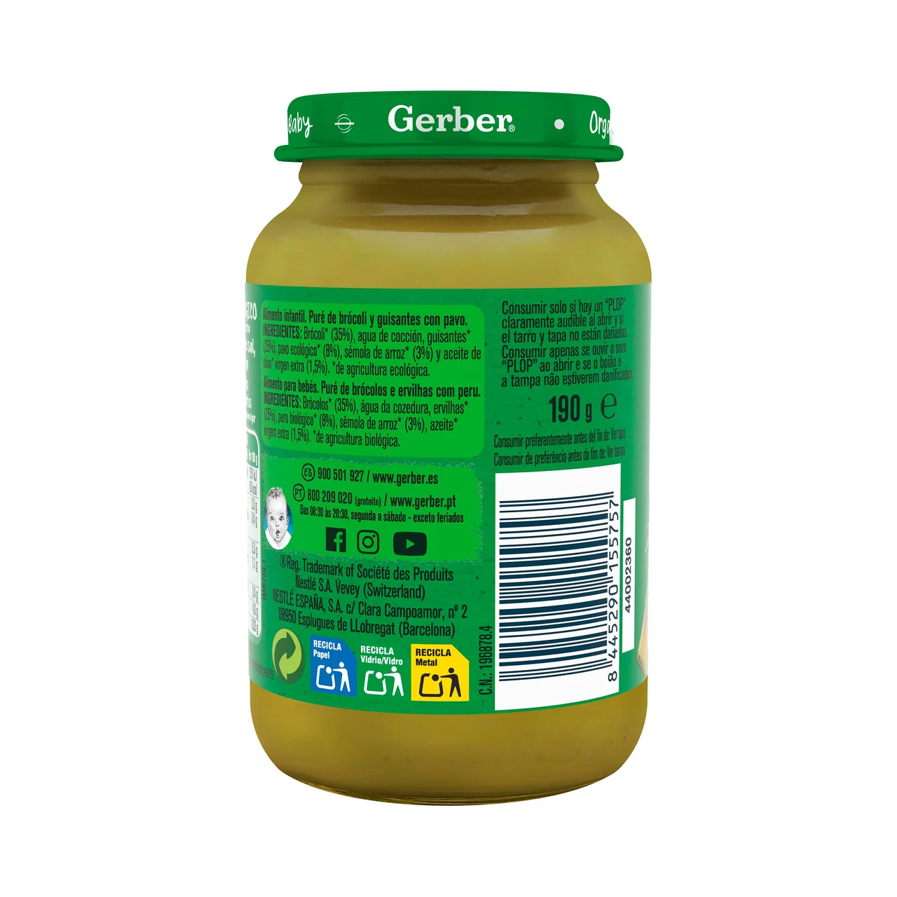 Organic Tarrito de de brocolí y guisantes con pavo, a partir de 6 meses 190 g.