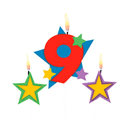 Vela de cumpleaños número 9 con dos velas de estrellas, 12,2x13,5cm, AMSCAN