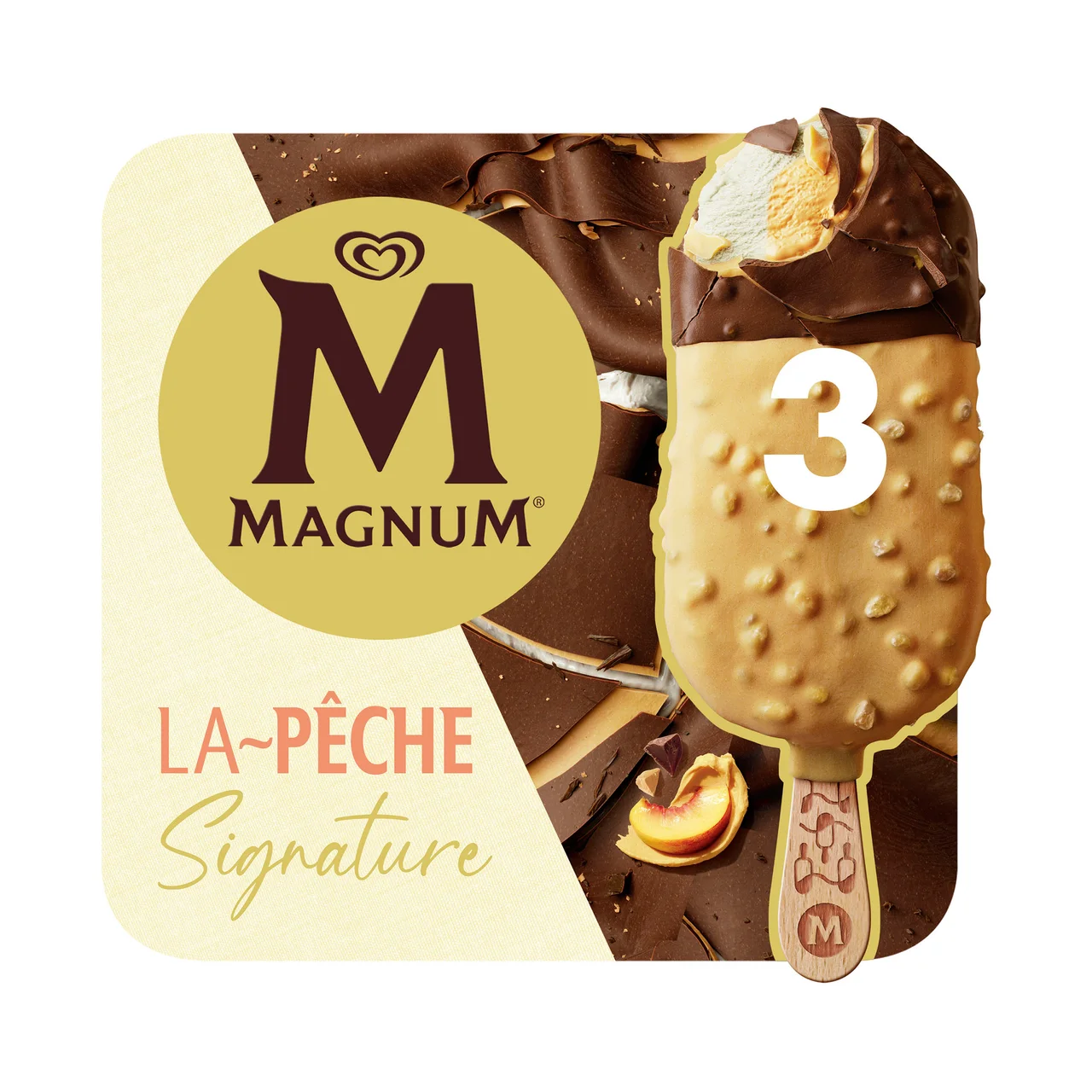 MAGNUM La pêche signature Helado de pomelo y melocotón bañado en chocolate con leche 3 x 90 ml.