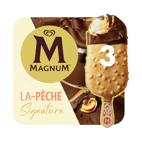 MAGNUM La pêche signature Helado de pomelo y melocotón bañado en chocolate con leche 3 x 90 ml.