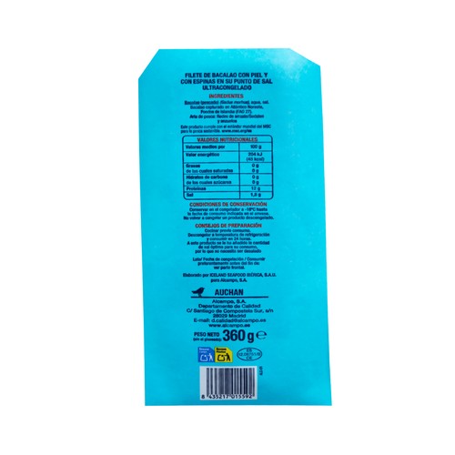 AUCHAN Filetes de bacalao ultracongelados y con piel 360 g. Producto Alcampo