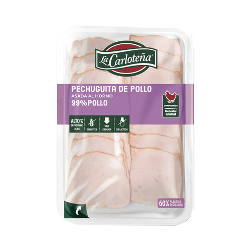 Pechuga de pollo asada al horno, deshuesada a mano, sin gluten y sin lactosa LA CARLOTEÑA 100 g.