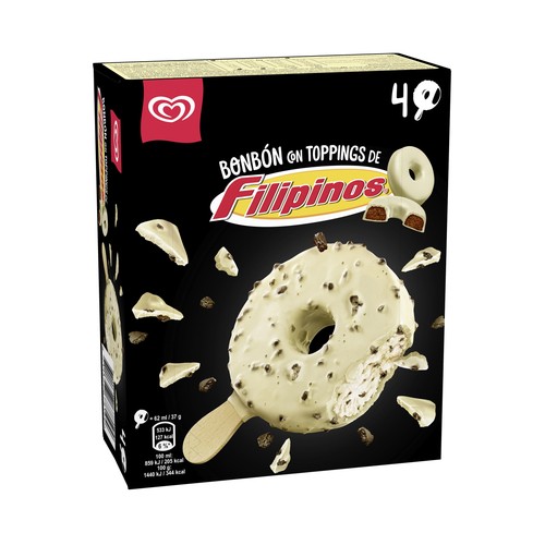 FRIGO Bombón helado de galleta con cobertura y trocitos de Filipinos 4 x 62 ml.