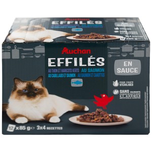 Imagen de PRODUCTO ALCAMPO Alimento completo para gatos adultos esterilizados a base de atún y salmón 12 x 85 g.