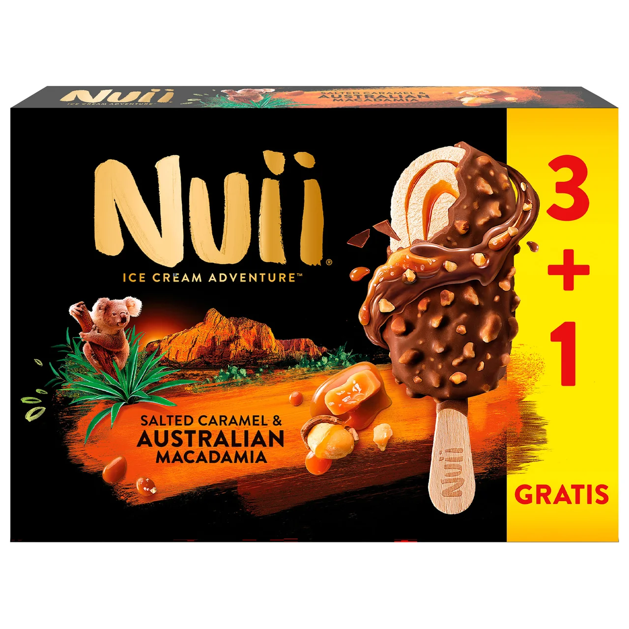 Bombón helado de vainilla con caramelo salado y trozos de nueces de macadamia australianas 3 x 90 ml.