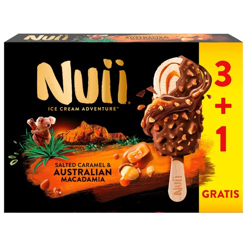 NUII Bombón helado de vainilla con caramelo salado y trozos de nueces de macadamia australianas 3 x 90 ml.