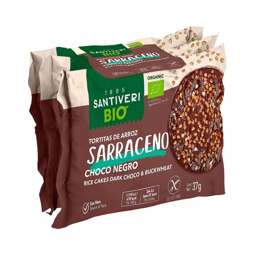 Tortitas de arroz sarraceno de chocolate negro ecológicas SANTIVERI 3 uds 112 g.