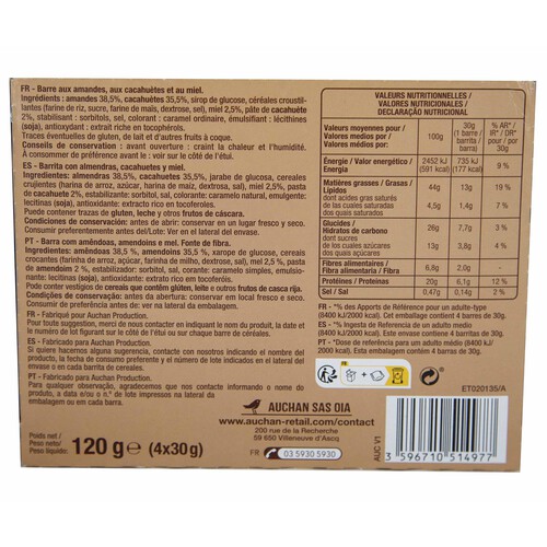 PRODUCTO ALCAMPO Barritas de cereales de almendra, cacahuete y miel 120 g.