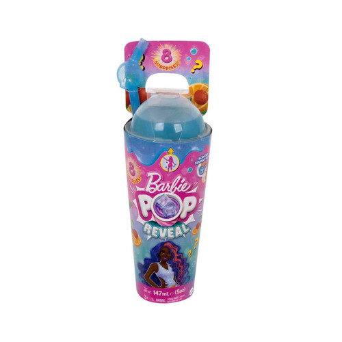 BARBIE Pop! Reveal Serie Frutas Fresa Muñeca que revela sus colores con vaso, incluye ropa, mascotas y accesorios sorpresa, juguete +3 años (MATTEL HNW41)