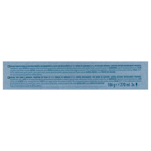 NESTLÉ Helado de vainilla con chocolate y trocitos de almendra, sin azúcares añadidos 3 x 90 ml.